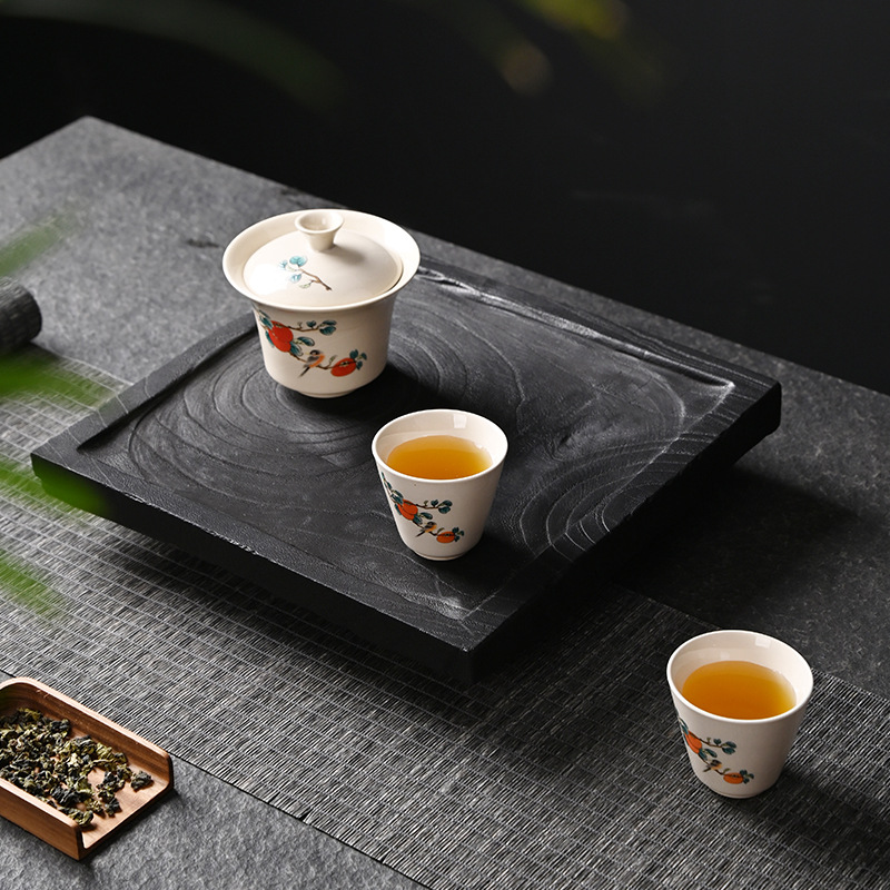 Bàn trà nhỏ bằng gỗ cacbon, Khay trà nhỏ hình vuông, bình pha khô hình tròn, Bộ trà Kung Fu gia dụng, khay, phụ kiện Bộ trà