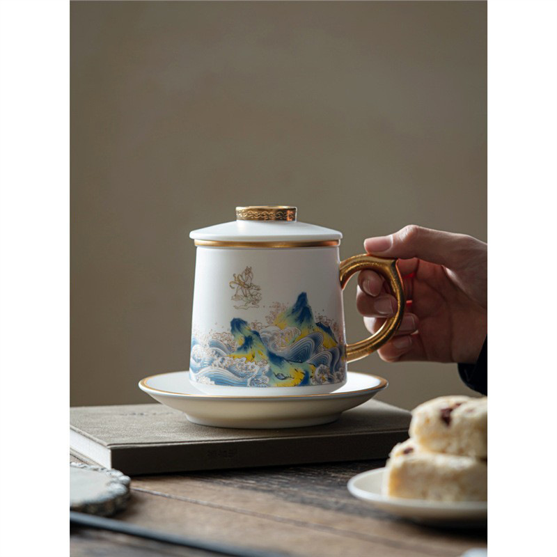 Cốc trà Kung Fu bằng sứ ngọc bích nướng chay tách trà có nắp cao cấp gốm sứ văn phòng pha trà lưu niệm bán buôn
