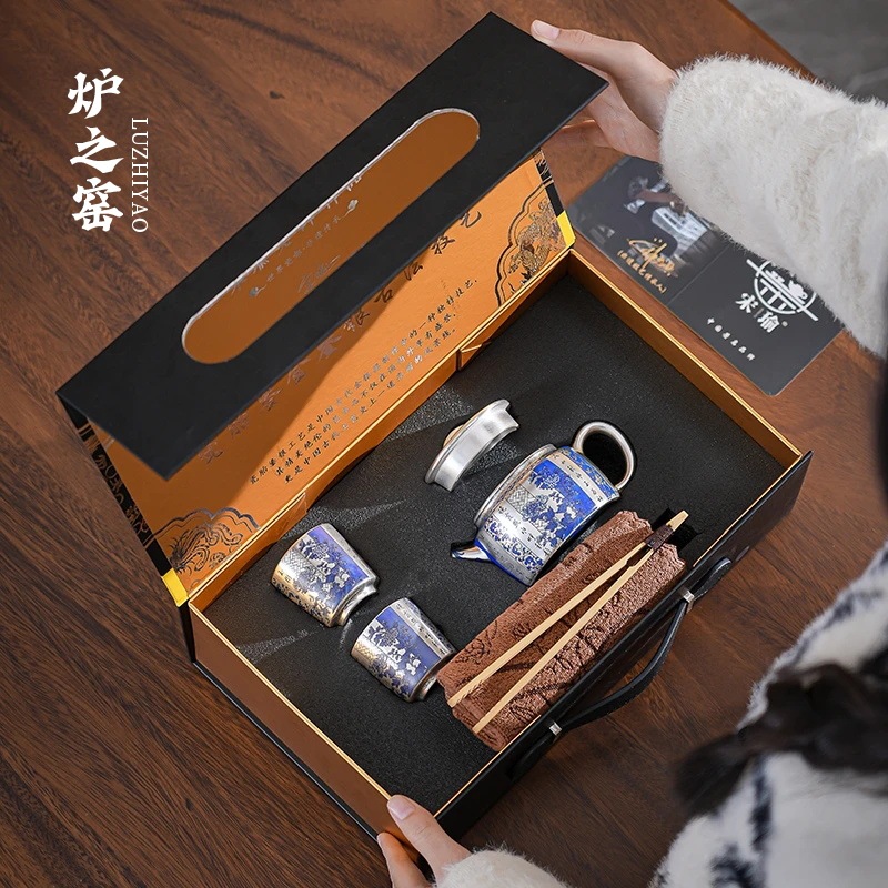 Bộ trà Kung Fu mạ bạc Song Yu, tách trà bạc cloisonné, một ấm hai cốc, bộ trà cao cấp quà tặng lễ hội, hộp quà