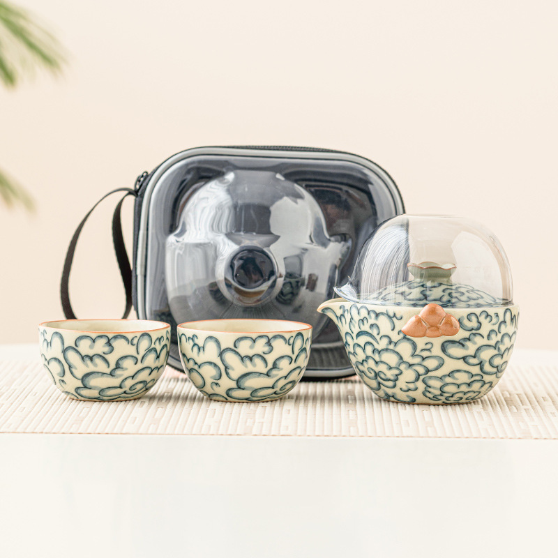 Bộ trà du lịch Ấm trà ngoài trời di động Cốc trà Ru sứ mở có thể nâng cốc khách nhanh Bộ trà một ấm hai cốc