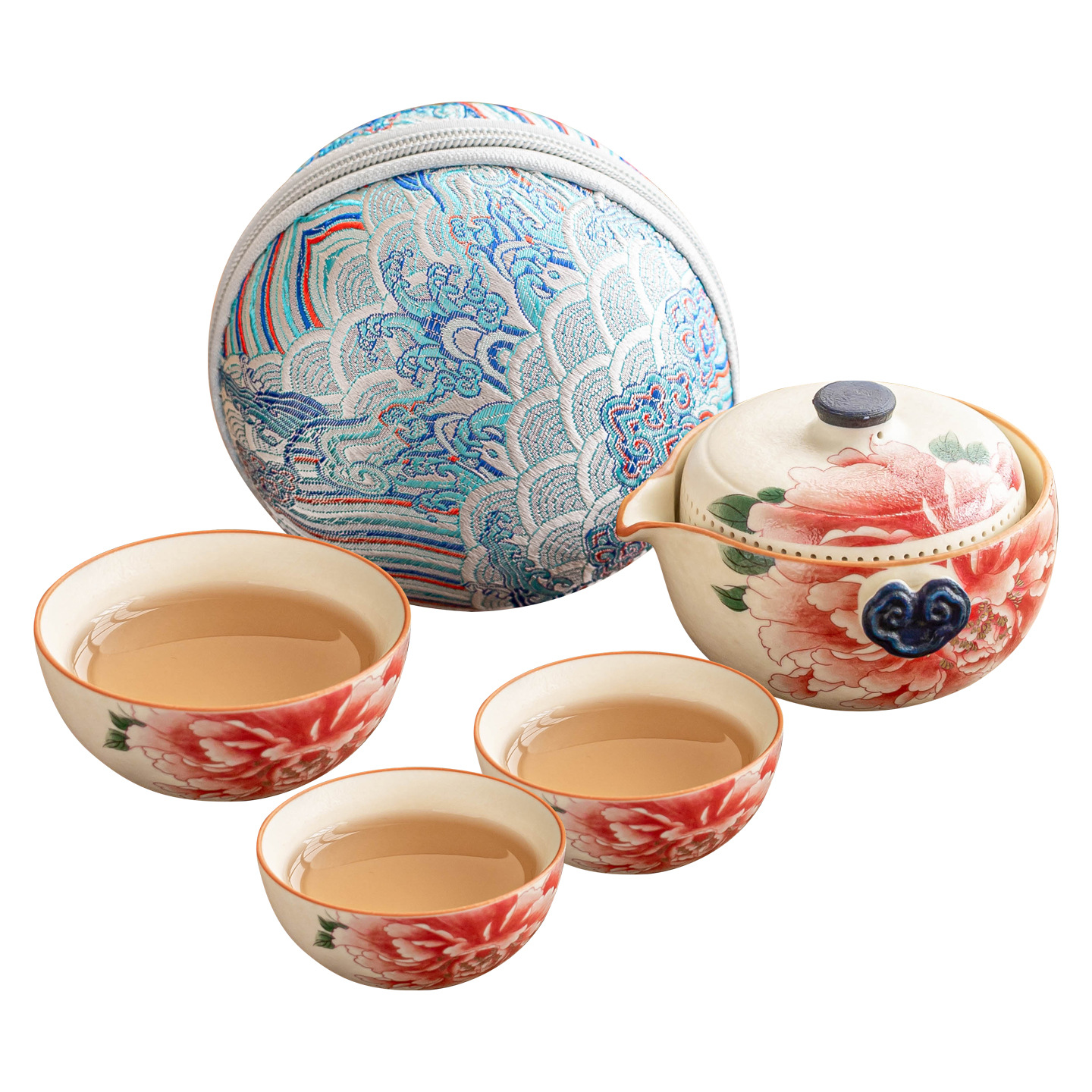 Bộ ấm trà du lịch màu trắng mỏ đá, cốc phục vụ khách bằng gốm sứ màu vàng quốc gia, một ấm ba cốc, thiết bị uống trà di động