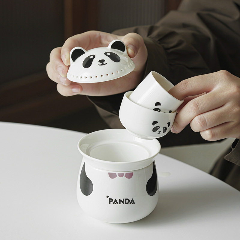 Panda Kuaike Cup Một ấm Hai cốc Bộ trà ngoài trời Bộ đồ gốm sứ cầm tay