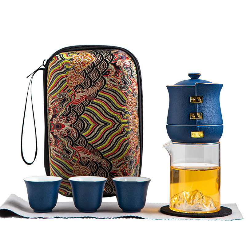 Bộ ấm trà du lịch bán tự động gốm sứ, túi xách tay, một ấm bốn cốc, bát mài đá lười nhanh