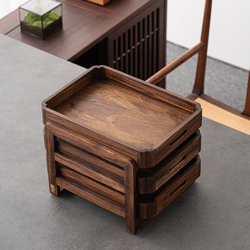 Hộp đựng đồ gỗ óc chó đen để bàn Bộ trà gỗ nguyên khối khay đựng trà văn phòng nhiều tầng giá đựng đồ gia dụng kiểu Nhật