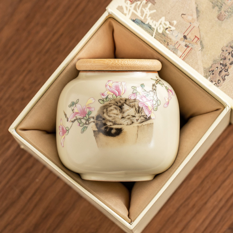 Bình trà sứ Ru kiểu Trung Quốc, bình trà nhỏ cao cấp, bình đựng trà chống ẩm kín, bình rỗng, hộp quà đơn