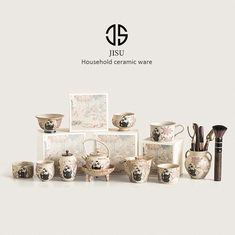 Bộ trà Kung Fu màu xanh và trắng đá lửa đỏ gấu trúc đơn trân trọng hoa cúc nắp bát trà cốc trà ấm trà biển phụ kiện trà đạo không nóng tay