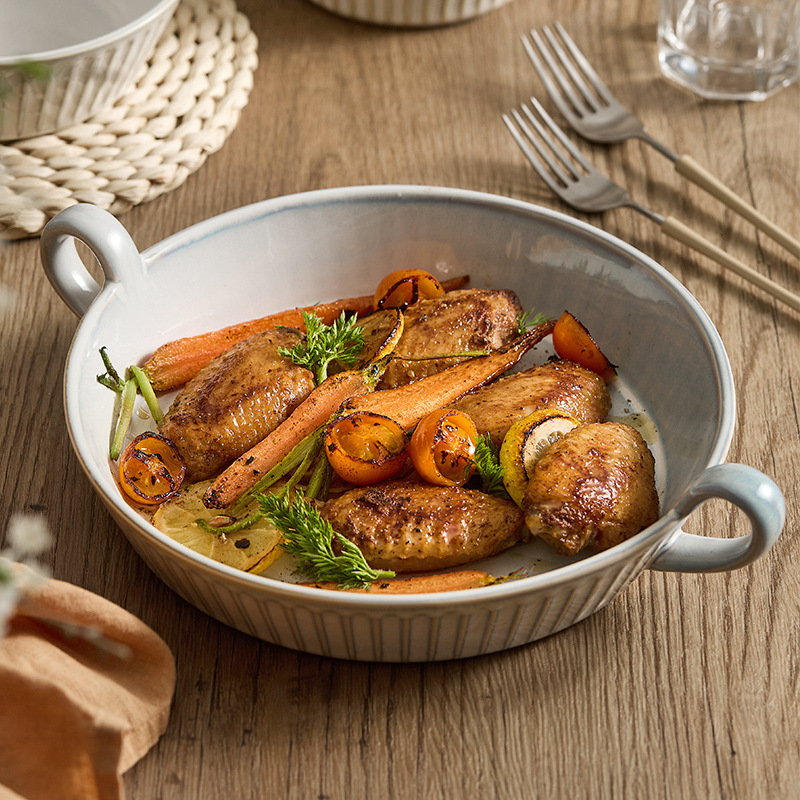 Khay nướng gốm sứ hai tai Đức Hoa sáng tạo Họa Tiết Dọc kiểu cổ điển bát canh bát canh bát canh Đĩa sâu bát đĩa đĩa đĩa đĩa đĩa salad gia dụng