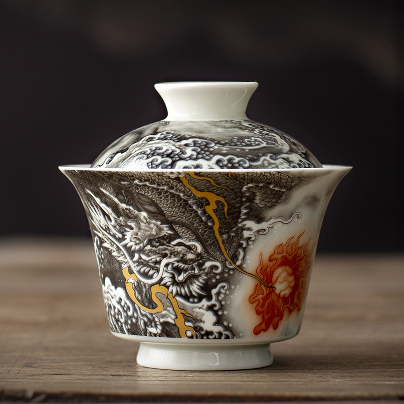 Jingdezhen Ink Color Xianglong Ercai Bát cốc trà gốm sứ Bộ trà Bát pha trà hoa văn rồng cao cấp Bộ trà Kung Fu