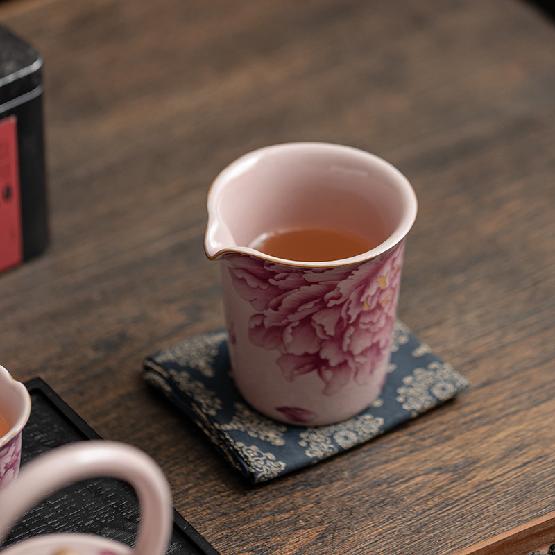 Cốc trà hoa mẫu đơn màu hồng Ru Kiln dành cho nữ gốm sứ biển dụng cụ pha trà kungfu dụng cụ pha trà dung tích lớn