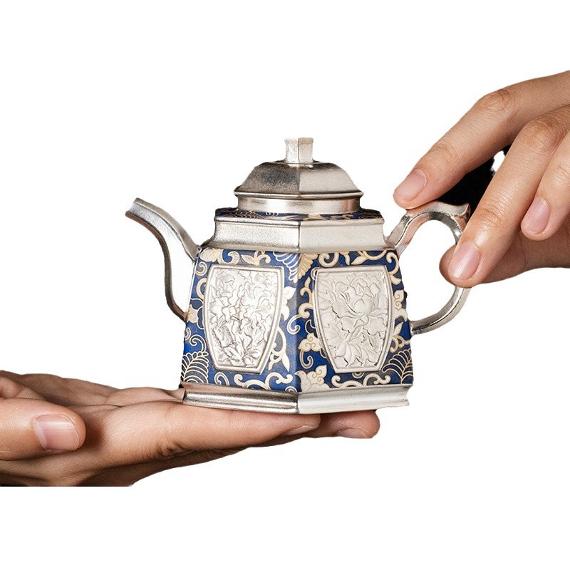 Ấm trà sáu bên màu xanh và trắng mạ bạc He Fusen cao cấp quà tặng sinh nhật nam nữ lãnh đạo người lớn tuổi quà tặng khách hàng