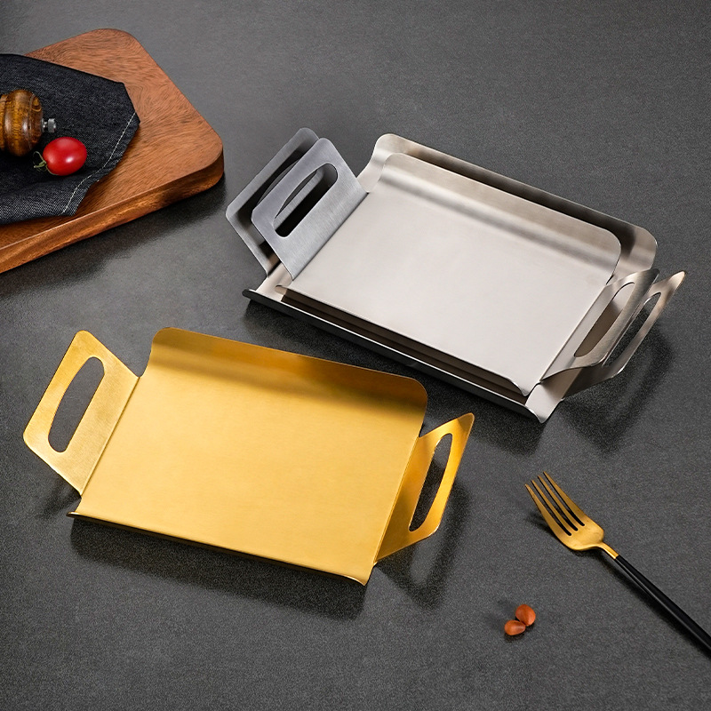 Khay inox Bắc Âu kiểu Hàn Quốc khay bánh mì nướng hai tai khay bánh ngọt khay trà hình chữ nhật khay phục vụ món ăn