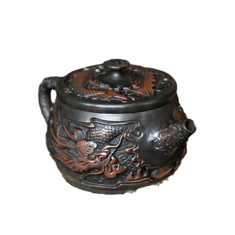 Ấm trà gốm tím ấm trà gốm sứ rồng phượng Hán dụng cụ pha trà Kung Fu gia dụng chạm khắc thủ công dung tích lớn Vân Nam Jianshui