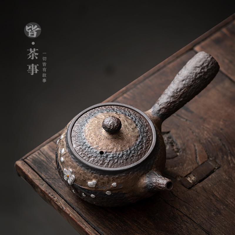 Ấm trà gốm thô, ấm tay cầm bên, dụng cụ pha trà Kung Fu, ấm pha trà gốm sứ phòng khách gia dụng, nhà sản xuất bán buôn