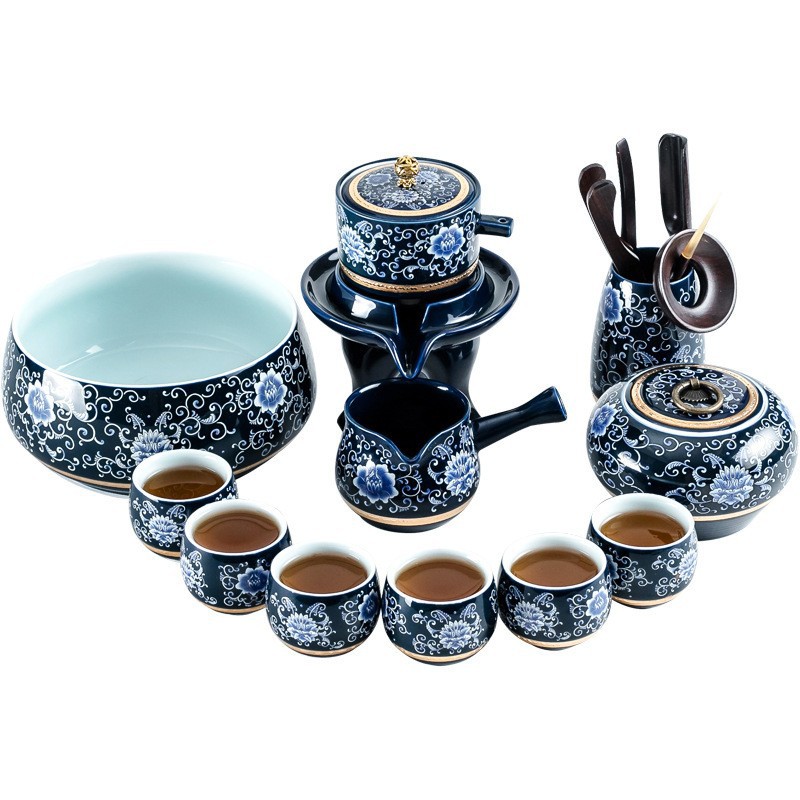 Bộ ấm trà tự động sứ trắng xanh dụng cụ pha trà đá mài chống bỏng cho người lười gia dụng ấm trà gốm sứ cốc trà quà tặng