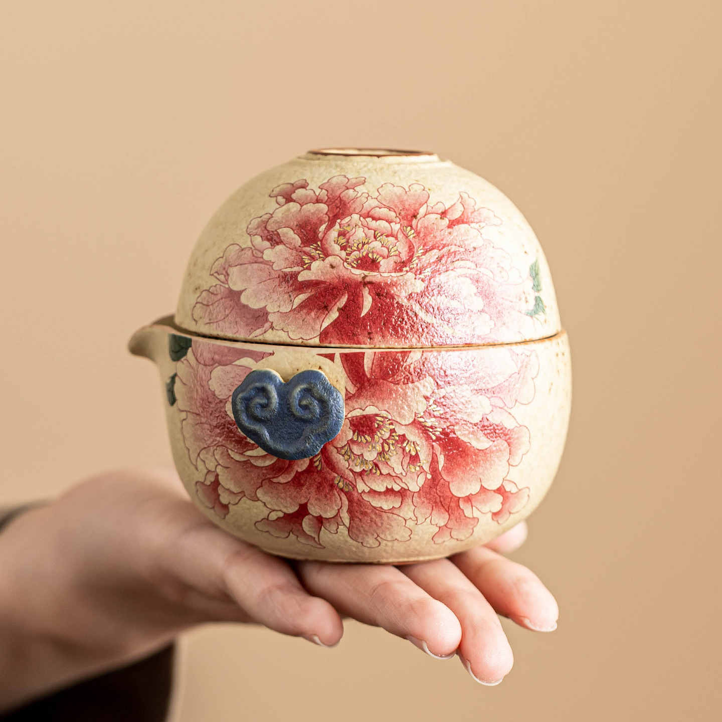 Bộ trà du lịch đá lửa trắng xanh bộ trà di động một ấm ba cốc thiết bị uống trà cắm trại ngoài trời cốc khách nhanh