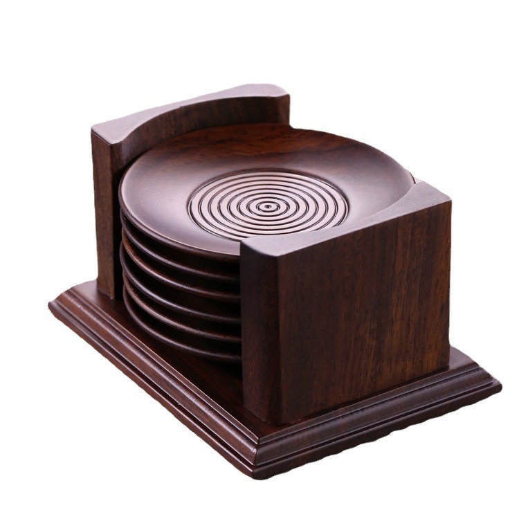 Tấm lót tách trà gỗ nguyên khối bằng gỗ Đàn hương đen, Tấm Lót tách trà, tấm cách nhiệt, tấm lót bát, Tấm Lót Bộ trà Kung Fu, Tấm Lót trà, hình tròn 6 miếng