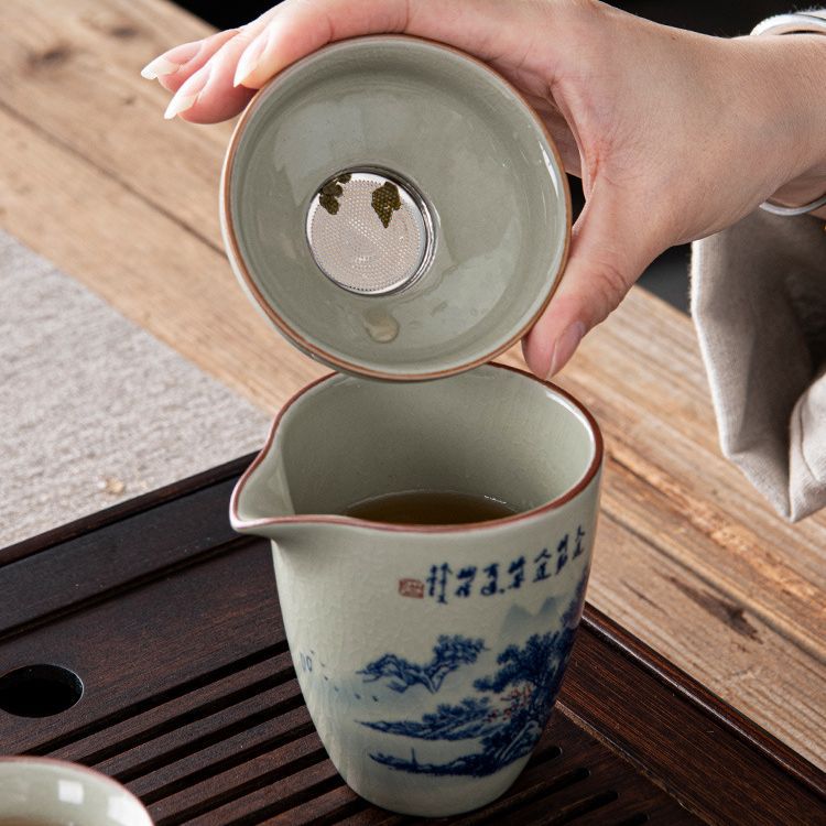 Bộ ấm trà Ru Kiln Thousand Miles Giang Sơn gia dụng cao cấp nắp bát gốm văn phòng uống trà Ấm pha trà Kung Fu tách trà