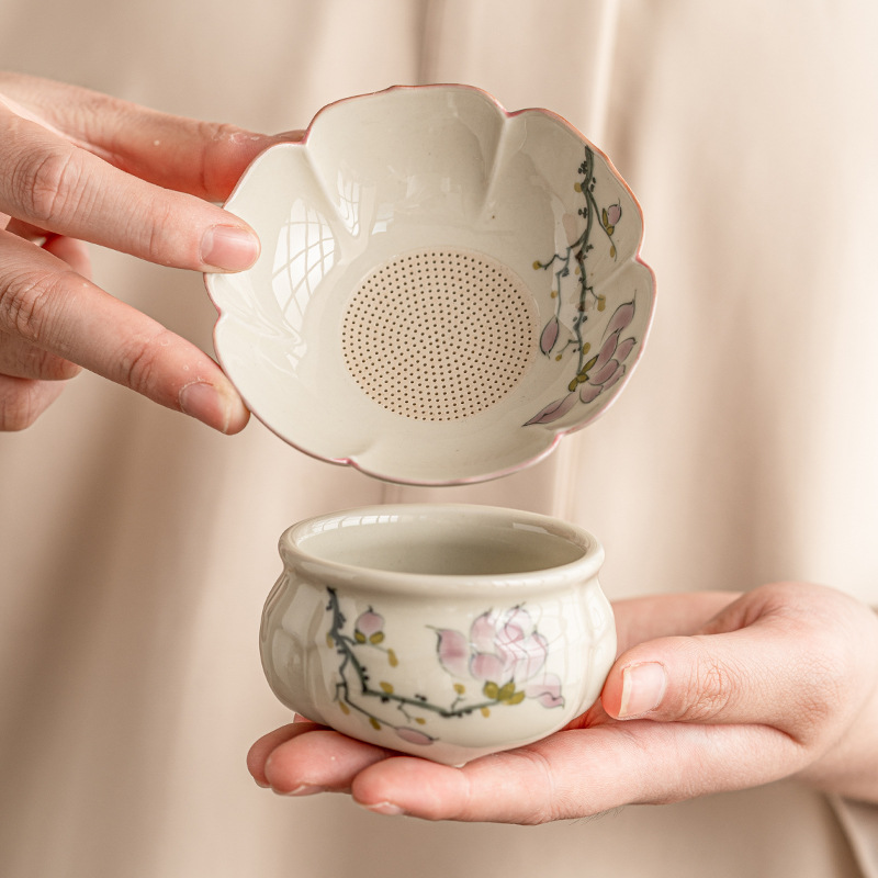 Bộ lọc trà bằng gốm sứ vẽ tay hoa mộc lan Bộ lọc trà giá trị cao Bộ lọc trà văn phòng gia dụng Bộ lọc trà