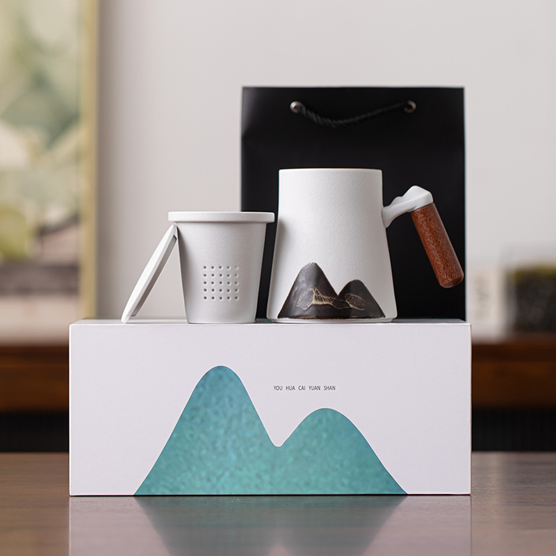 Cốc văn phòng Yuanshan Yunfu Cốc gốm sứ gia dụng có nắp lọc tách trà cốc uống nước dung tích lớn cốc trà