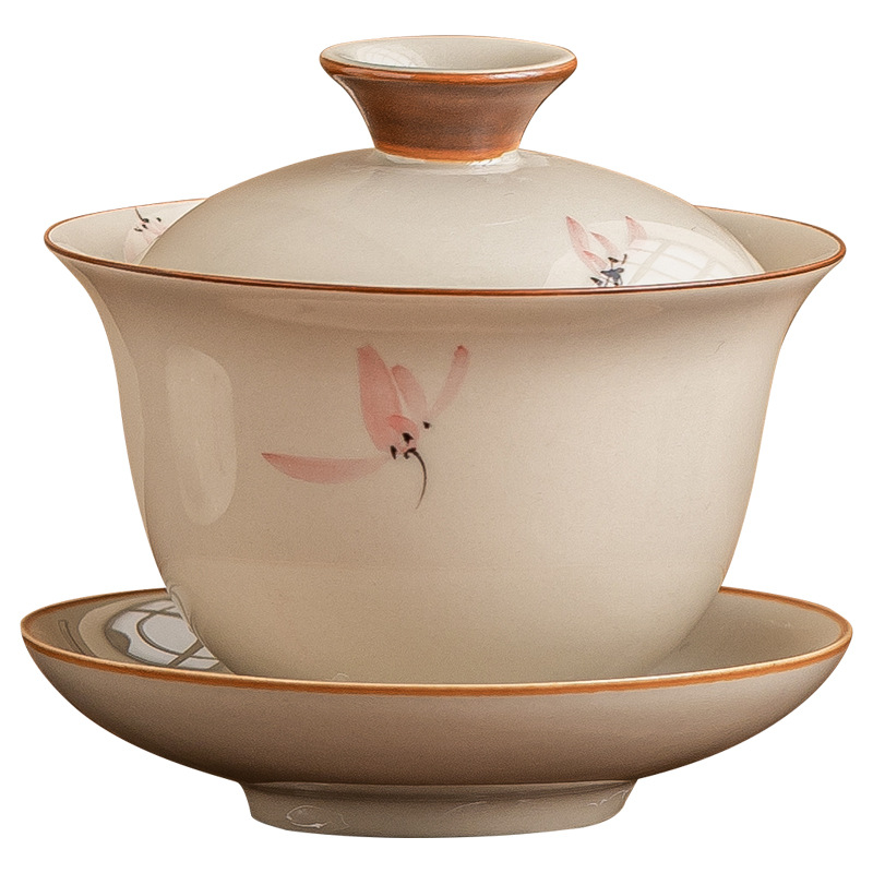 Nhà xưởng vẽ tay hoa lan hồng tam tài nắp bát pha trà gốm sứ chống bỏng bộ trà kungfu gia dụng Trung Quốc dụng cụ pha trà