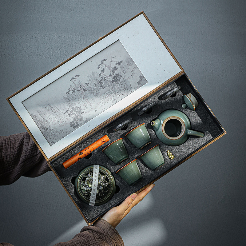 Bộ ấm chén gốm sứ kiểu cổ điển nung trong lò đất sét Ge, hộp quà tặng công ty, quà lưu niệm doanh nghiệp ngày lễ, logo