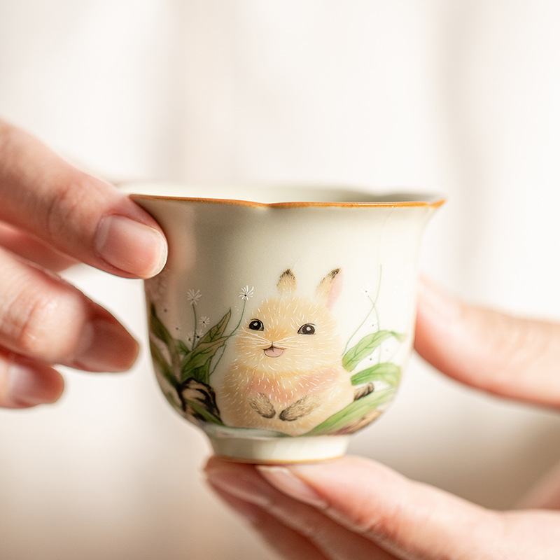 Cốc miệng hoa lò Hoàng Ru giả đời Tống, cốc trà gốm sứ, cốc chủ nhân mèo dễ thương, cốc uống trà gia dụng, cốc đơn, mở, có thể nâng