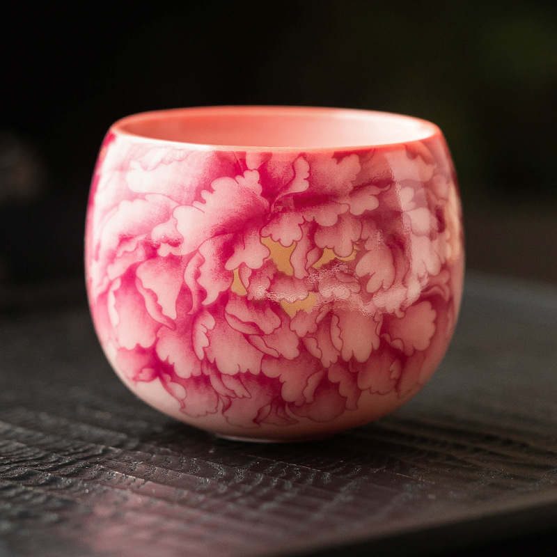 Cốc chủ nhân màu hồng, màu đỏ quốc gia, hoa mẫu đơn, bộ trà gốm sứ gia dụng, tách trà, tách trà, tách đơn