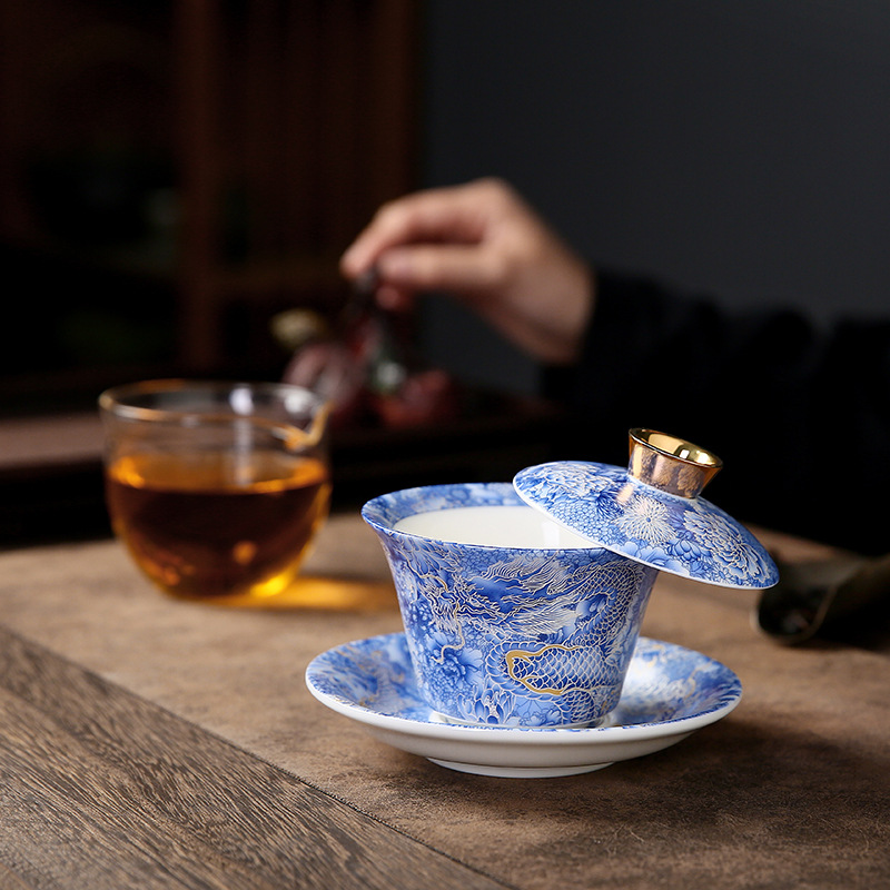 Bát có nắp treo Longteng Prosperity Bát trà Sancai Bộ trà Kung Fu Quà Tặng Bát trà gốm sứ cỡ lớn kiểu Trung Quốc