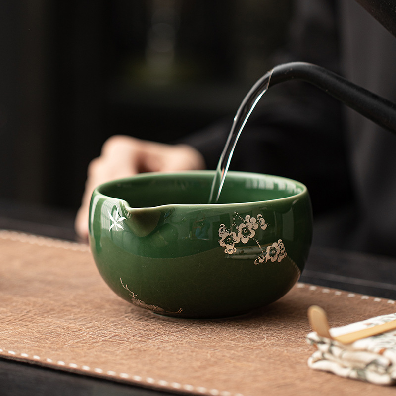 Bát Matcha nửa mặt có ren kiểu Nhật, bình trà sứ xanh, bàn chải trà đứng, dụng cụ làm trà, phụ kiện trà đạo