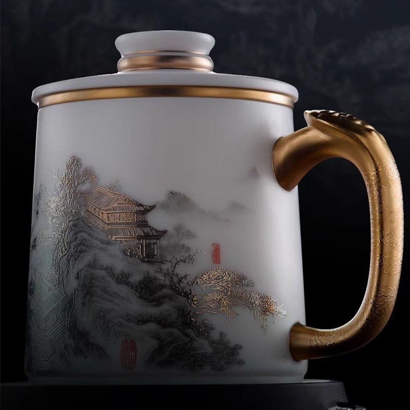 Cốc văn phòng bằng sứ ngọc bích Suyuan cốc pha trà bằng sứ mạ vàng cao cấp cốc pha trà tách nước quà tặng cốc nước quà tặng