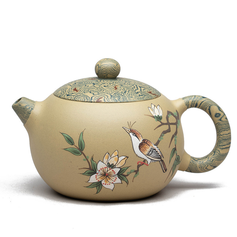 Ấm trà đất sét màu tím Nghi Hưng ấm trà đất sét thủ công vẽ chim ác là phần quặng nguyên bản ấm trà Bộ dụng cụ trà gia dụng Xishi ấm