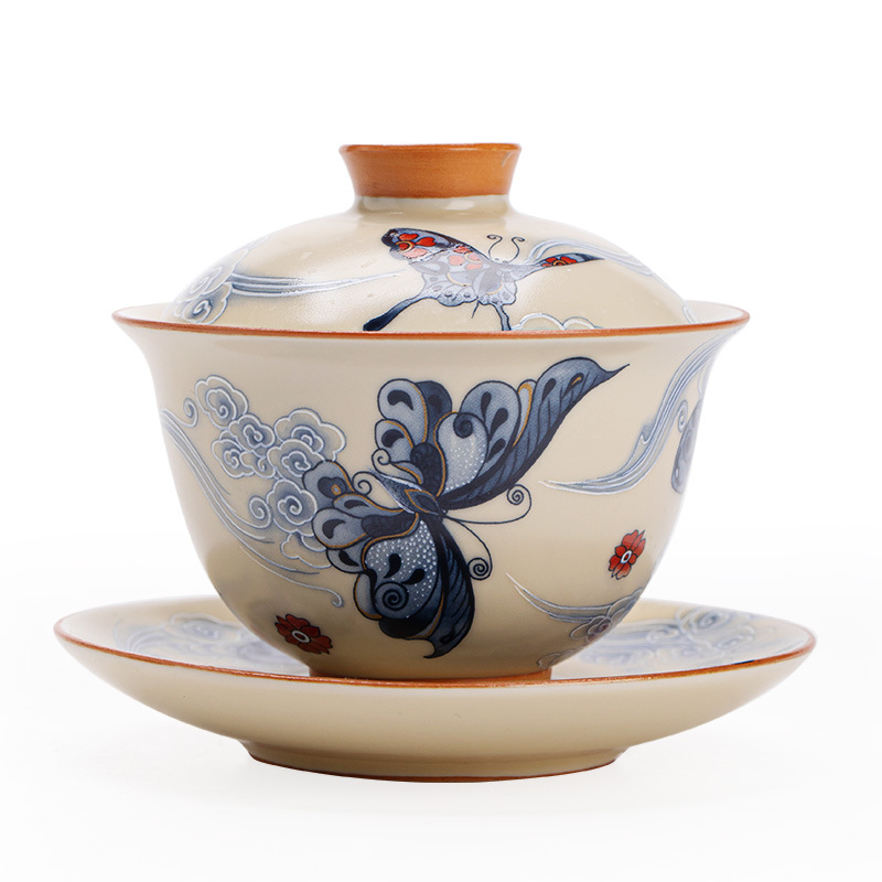 Jingdezhen Ru Kiln Cloud Butterfly Lid Bowl Bộ trà gốm Bộ ba tài năng có nắp màu vàng có hoa văn nứt, Bộ hoàn chỉnh với Bát trà treo.