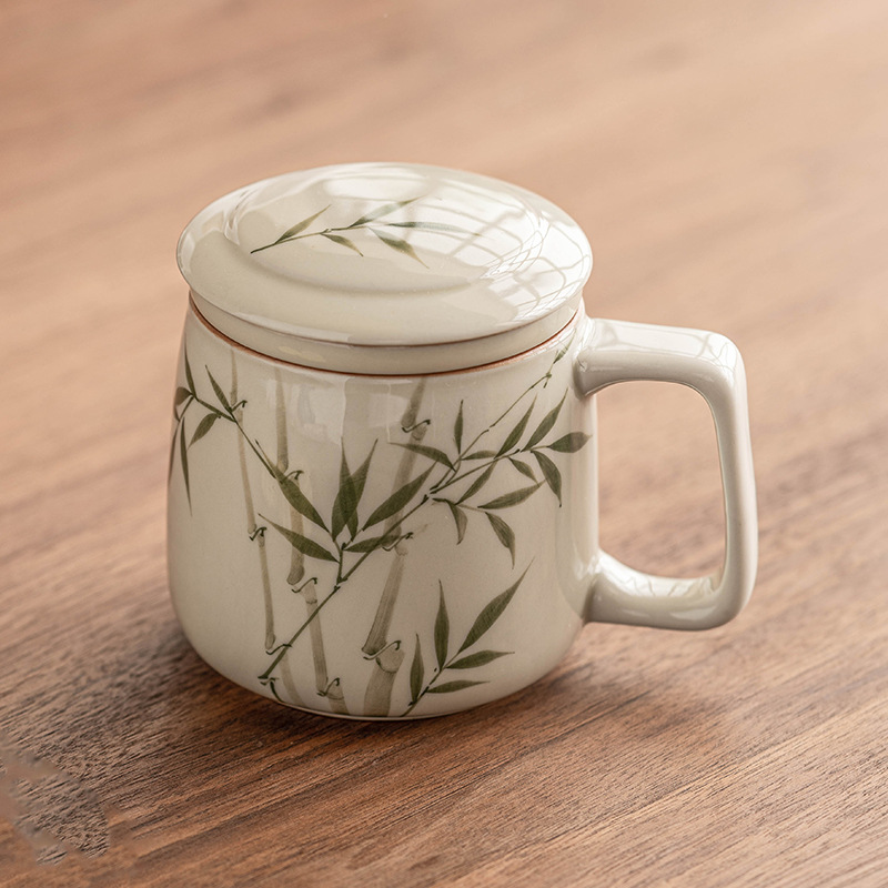 Cốc gốm sứ tre xanh ngọc bích vẽ tay Cốc pha trà tách trà có nắp cốc trà văn phòng cá nhân cốc nước