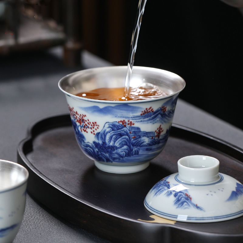 Ấm pha trà cầm tay gia dụng Bộ trà Kung Fu 999 bạc sterling một bình hai cốc bộ trà du lịch xách tay gốm sứ