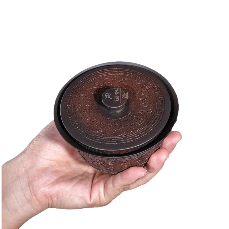 Vân Nam quặng nguyên thủy gốm tím hoa văn rồng bát có nắp bộ trà cốc có nắp làm bằng tay bộ trà công phu bát pha trà gia dụng