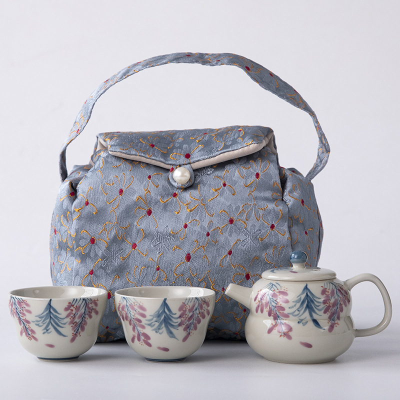 Xám thực vật vẽ tay hoa tử đằng bộ trà công phu ấm trà gốm sứ bộ trà du lịch gia dụng nữ một bình hai cốc