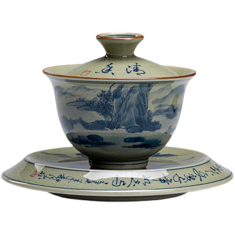 Đồ gốm cũ màu xanh và trắng vẽ tay bát nắp cốc trà cao cấp gốm sứ cao cấp bộ trà ba tài năng lớn bán buôn bát trà