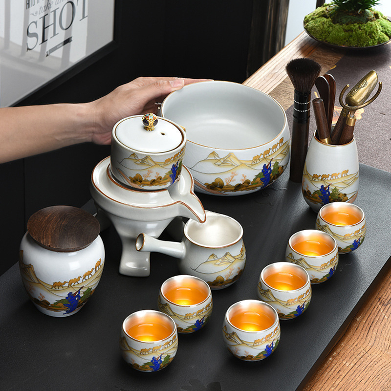 Bộ ấm trà Kung Fu tự động gốm sứ lò Ru bạc 999 bộ ấm pha trà lười cao cấp văn phòng tiếp khách gia đình