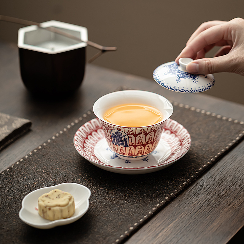 Đôn Hoàng Văn hóa và Sáng tạo Hàng ngàn Phật sứ Bạch Vân tốt lành hai cái Nắp bát đựng trà gia dụng không nóng ấm chén trà Bộ trà Kung Fu