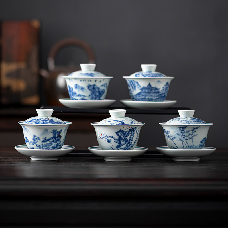 Bát có nắp ba tài cổ điển cốc trà đơn gốm sứ cao cấp bộ trà Kung Fu sứ trắng xanh bát pha trà cỡ lớn nhỏ có nắp