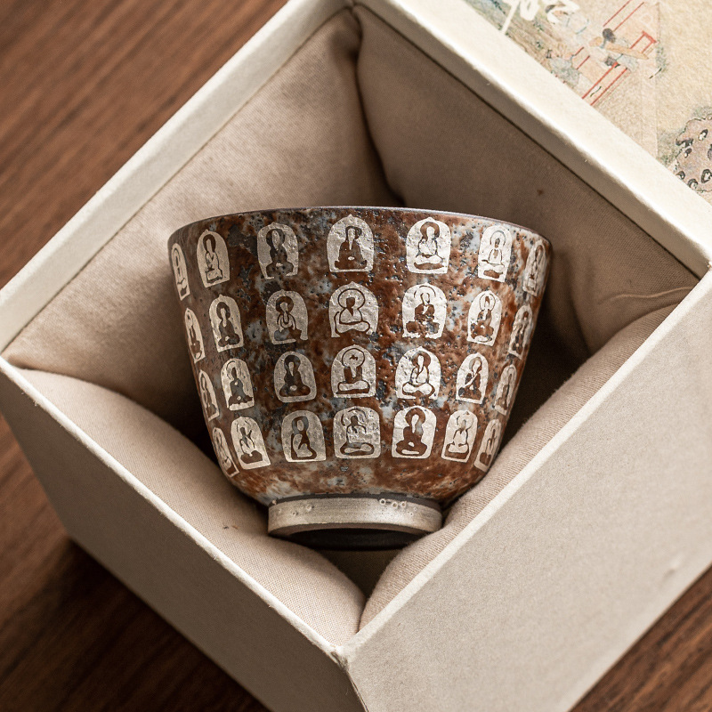 Cốc chủ nhân ngàn phật mạ bạc cốc đơn cốc trà gốm sứ gia dụng Bộ Trà Công Phu pha trà cổ điển Thiền cốc trà