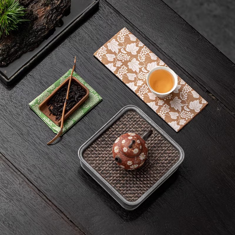 Bộ trà Tang Tuanhua cotton lanh in hoa khăn trà thấm nước khăn trải bàn hai lớp mỏng nhẹ khăn lau phụ kiện trà đạo Kung Fu