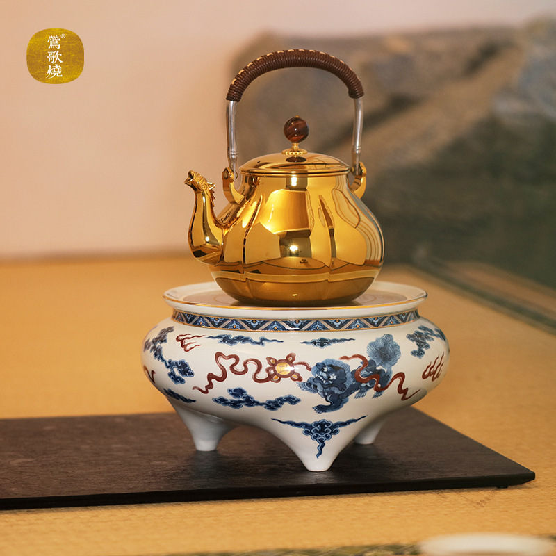 Bếp gốm điện Yingge chính hãng, bếp trà hoa cẩm tú cầu sư tử đỏ tráng men trắng xanh, bếp nấu trà từ xa không dây im lặng