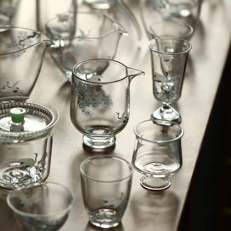 Decal thủ công Songhe thủy tinh borosilicate Bộ trà Kung Fu Cốc công bằng Cốc trà xanh Ấm pha trà xanh Hai bát có nắp