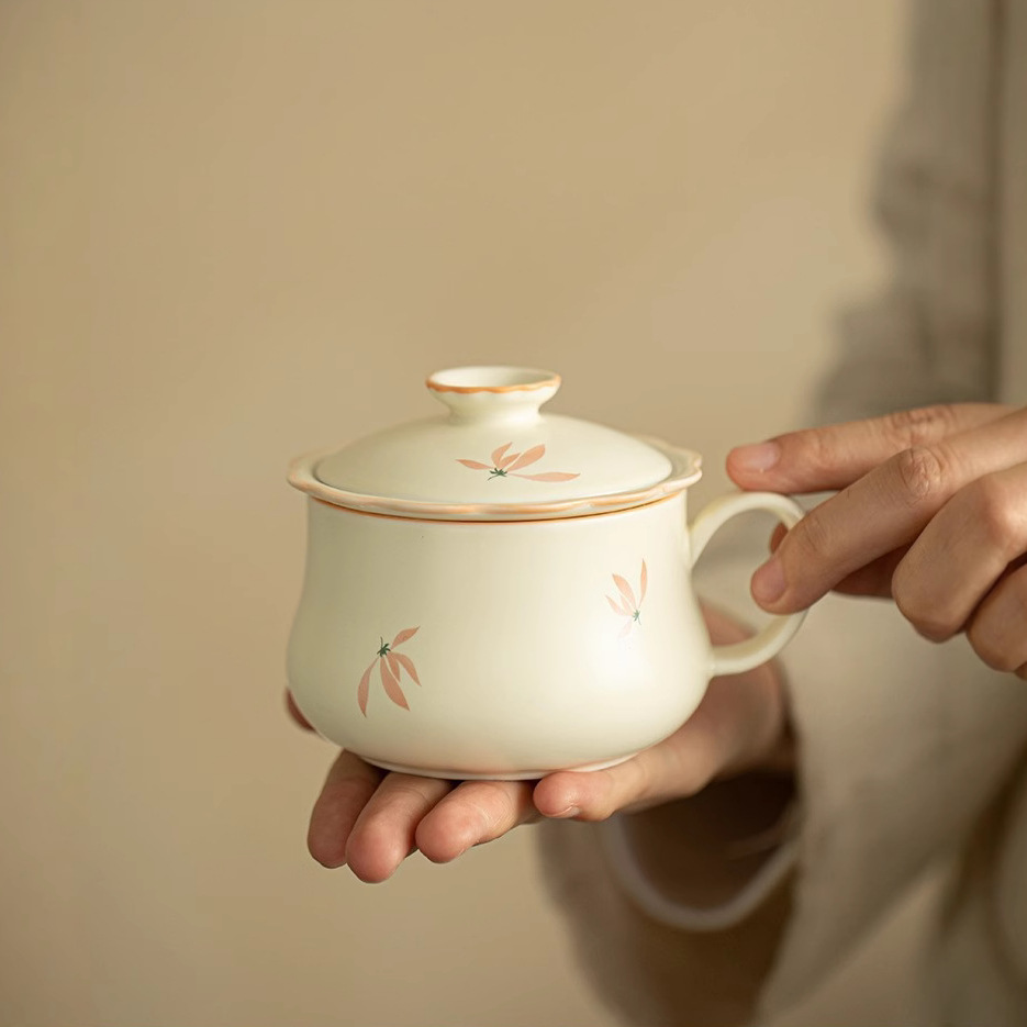 Cốc pha trà hoa lan màu vàng be cốc pha trà tách trà gốm sứ giá trị cao phụ nữ có nắp lọc chuyên dụng