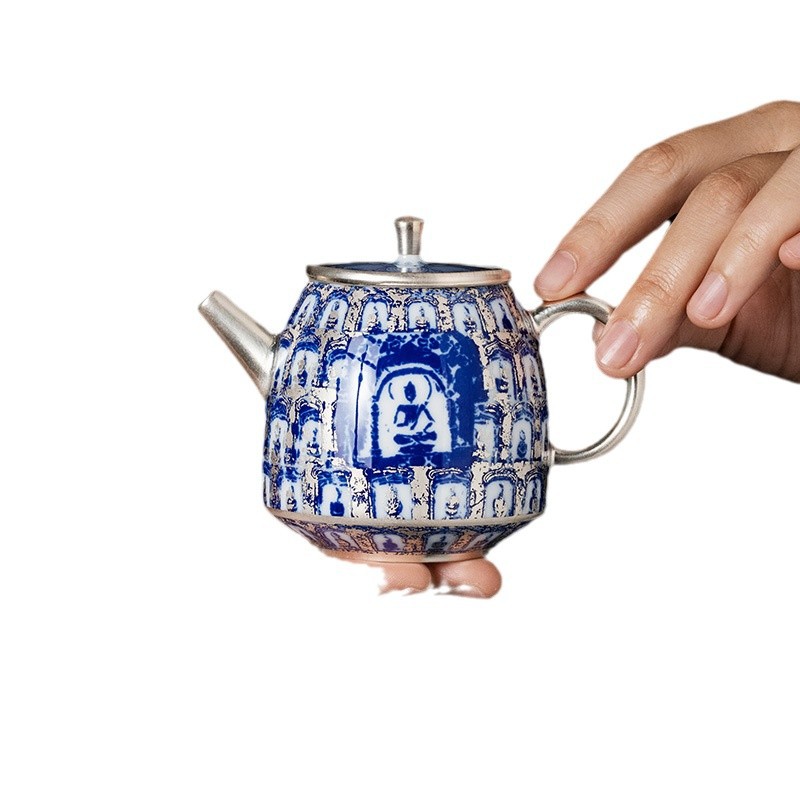 He Fusen màu xanh và trắng mạ bạc Đôn Hoàng Ngàn Phật ấm trà Bộ ấm trà Quà tặng sinh nhật cho người lớn tuổi