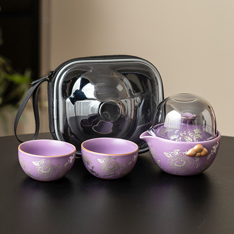 Bộ ấm chén du lịch hoa mẫu đơn bạc, bộ nhỏ, Kung Fu, di động, cốc nhanh, ấm trà cao cấp, một ấm hai chén
