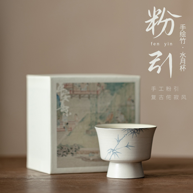 Cốc mặt trăng bằng tre mực vẽ tay màu trắng hồng cốc trà cốc trà trà cốc chủ nhân cổ điển sang trọng nhẹ cốc đơn