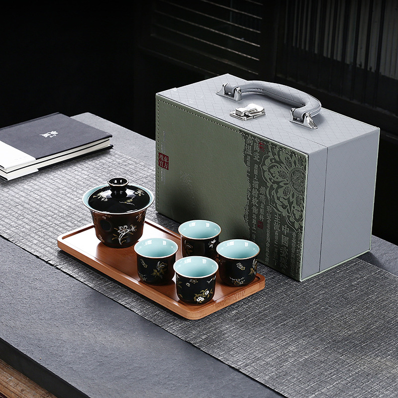 Bộ ấm trà tráng men đen bộ trà du lịch khay trà một ấm bốn chén gia dụng bộ trà có nắp cốc trà quà lưu niệm cao cấp