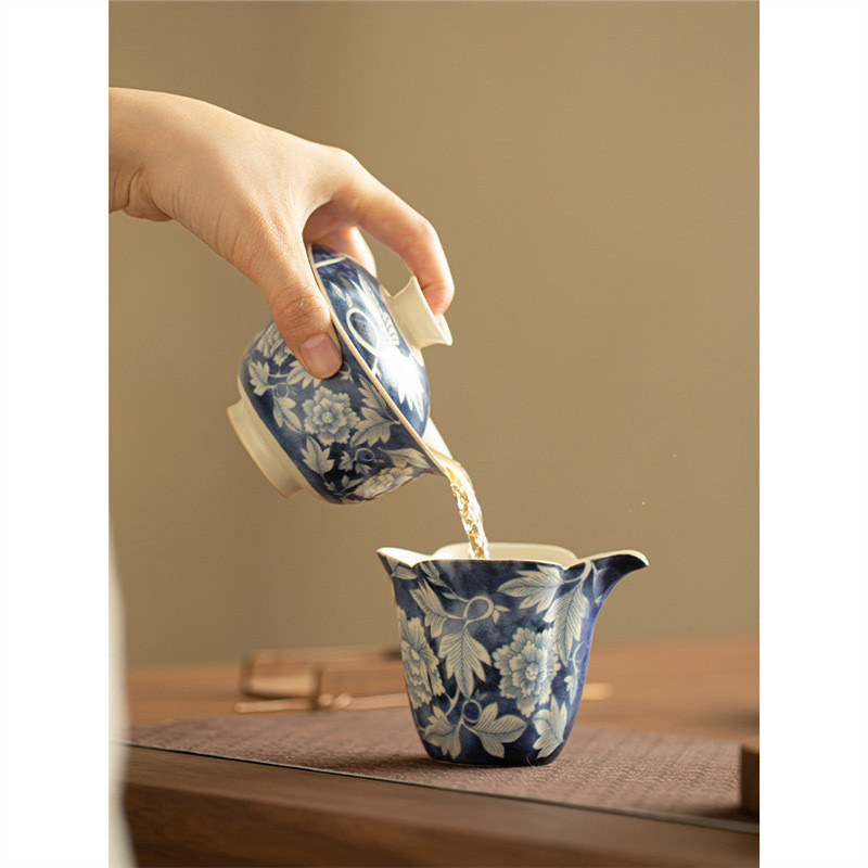 Bát tam tài hoa mẫu đơn tráng men soda bát trà gốm sứ có nắp không nóng dụng cụ pha trà gia dụng bộ trà Kung Fu